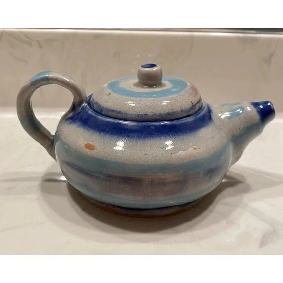 Small Teapot Blue Glazed Pottery 3.75" H  X 4.75" W X 7.5" L - Picture 2 of 8